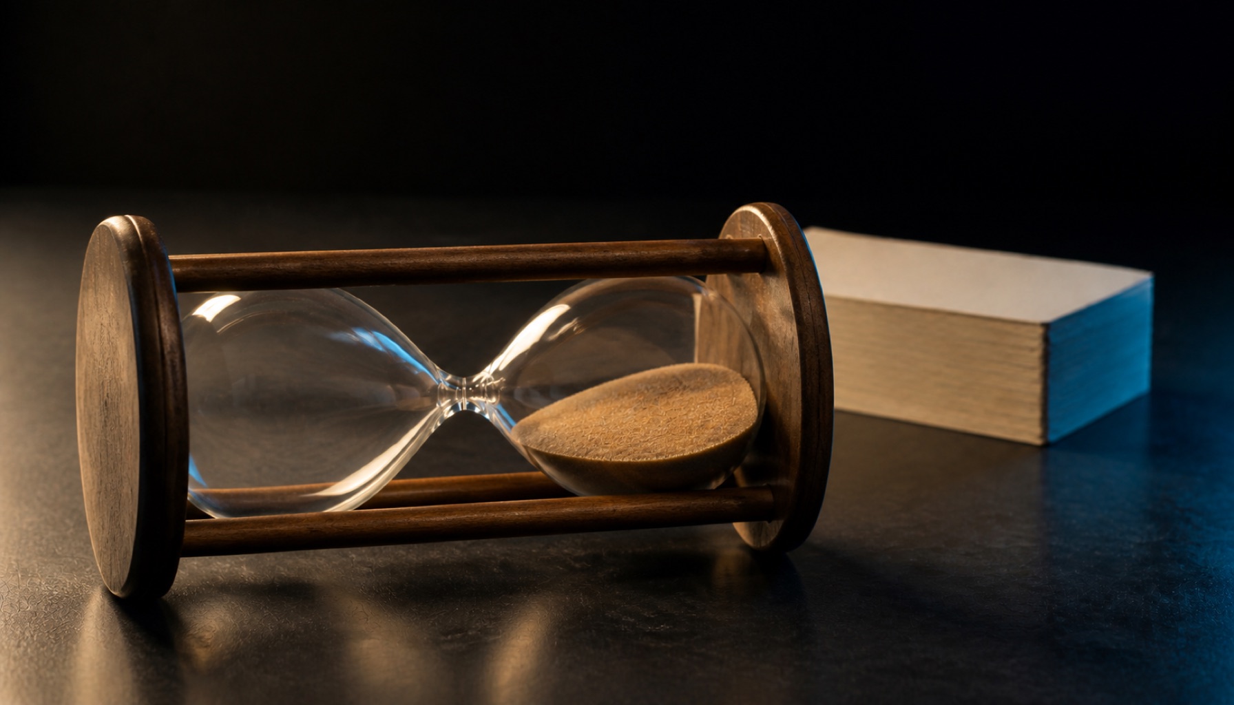 A spent hourglass lying on its side with all the sand run through, beside a squared stack of blank cards on a dark surface