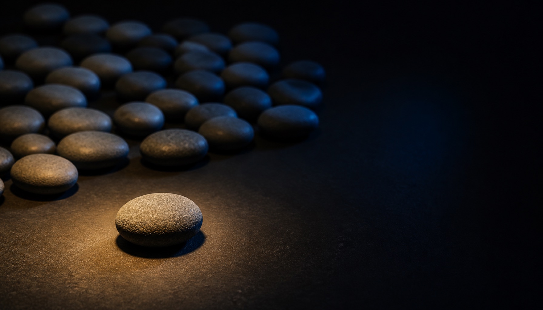 Dozens of identical grey stones scattered across a dark surface with one lifted clear and lit alone