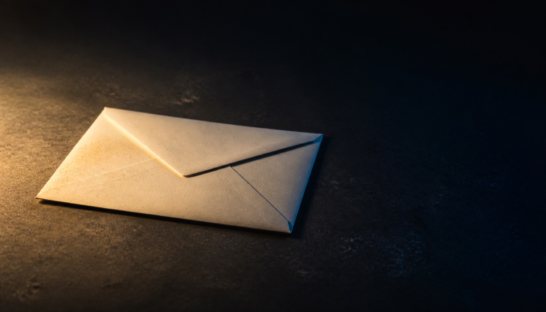 A single sealed cream envelope lying alone on an empty dark surface, one corner catching the lamplight