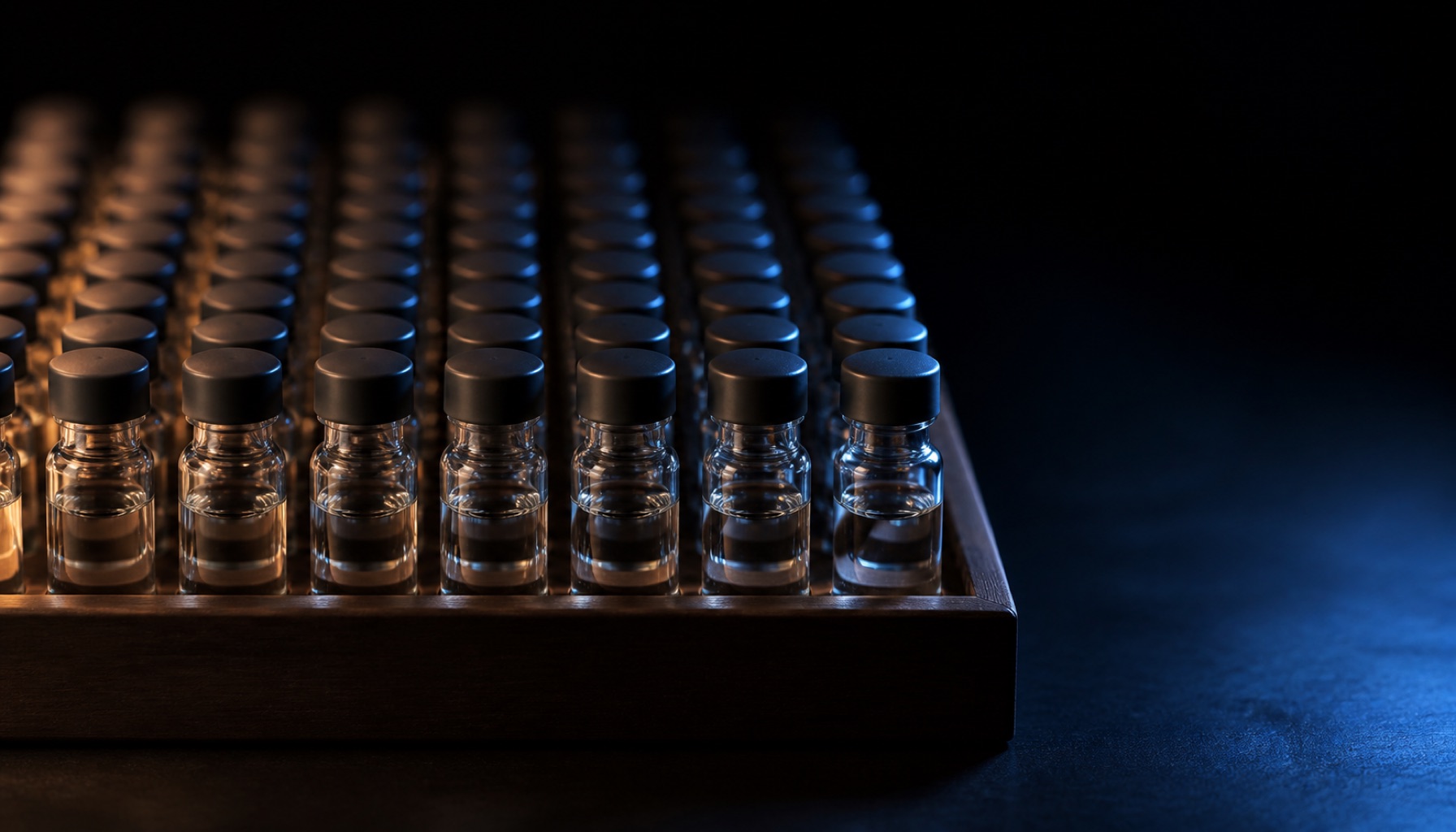 Rows of identical unlabelled glass sample vials aligned in a wooden tray, receding into darkness