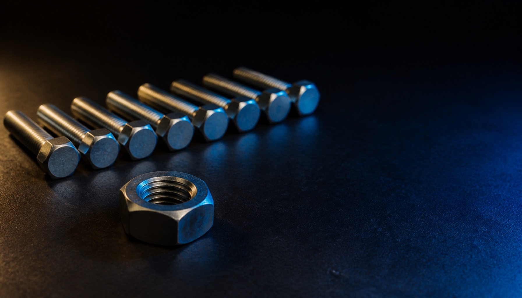 A row of identical hex bolts laid out precisely with a single mismatched nut sitting apart from them