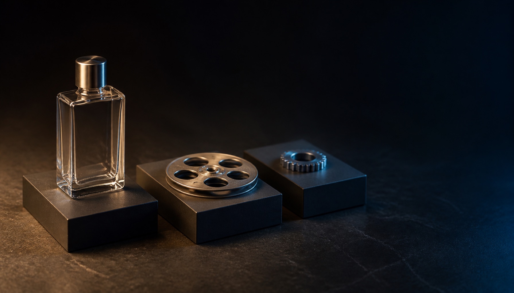Three low charcoal plinths in a row holding a plain glass bottle, a metal film reel and a small machined gear