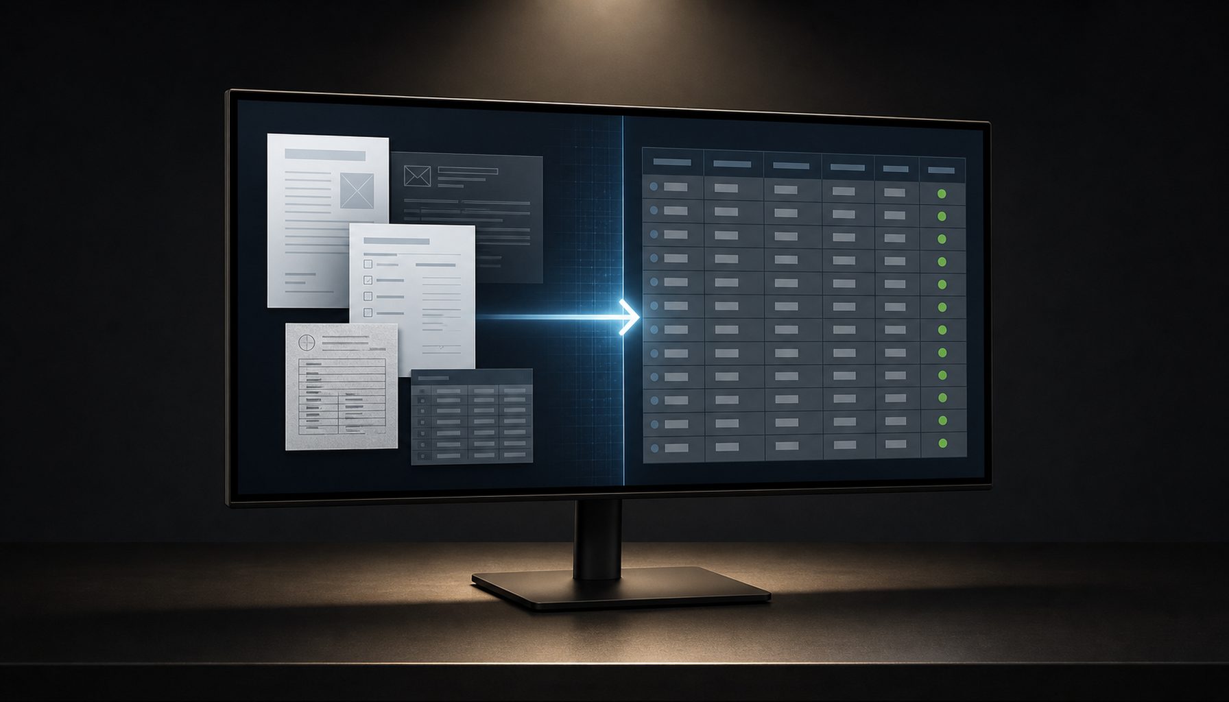 A split-screen monitor showing varied documents transforming into a structured database: agentic AI document intake