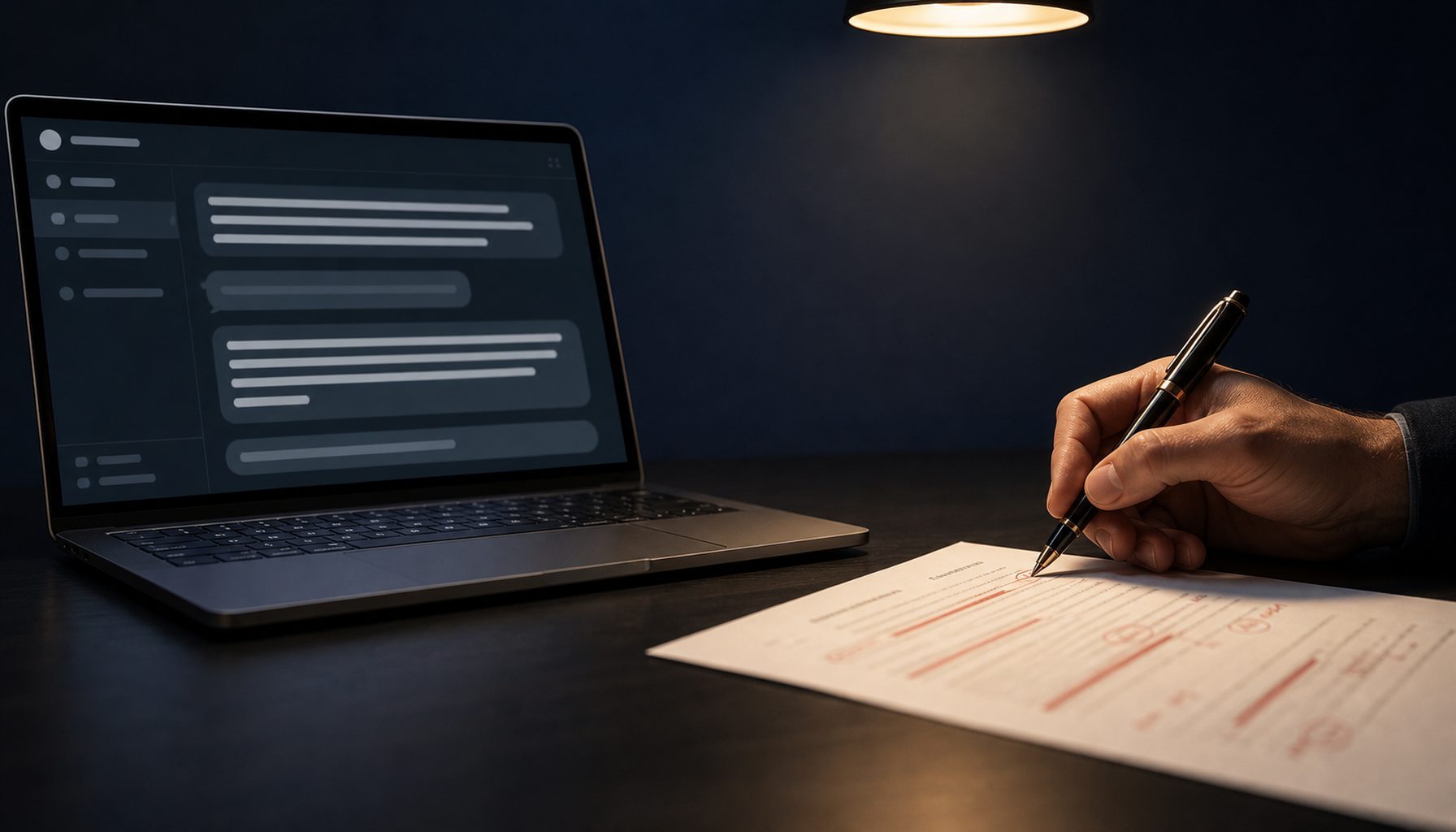 A dark minimal desk with a laptop showing an AI chat response on one side and a hand annotating a printed document in red on the other