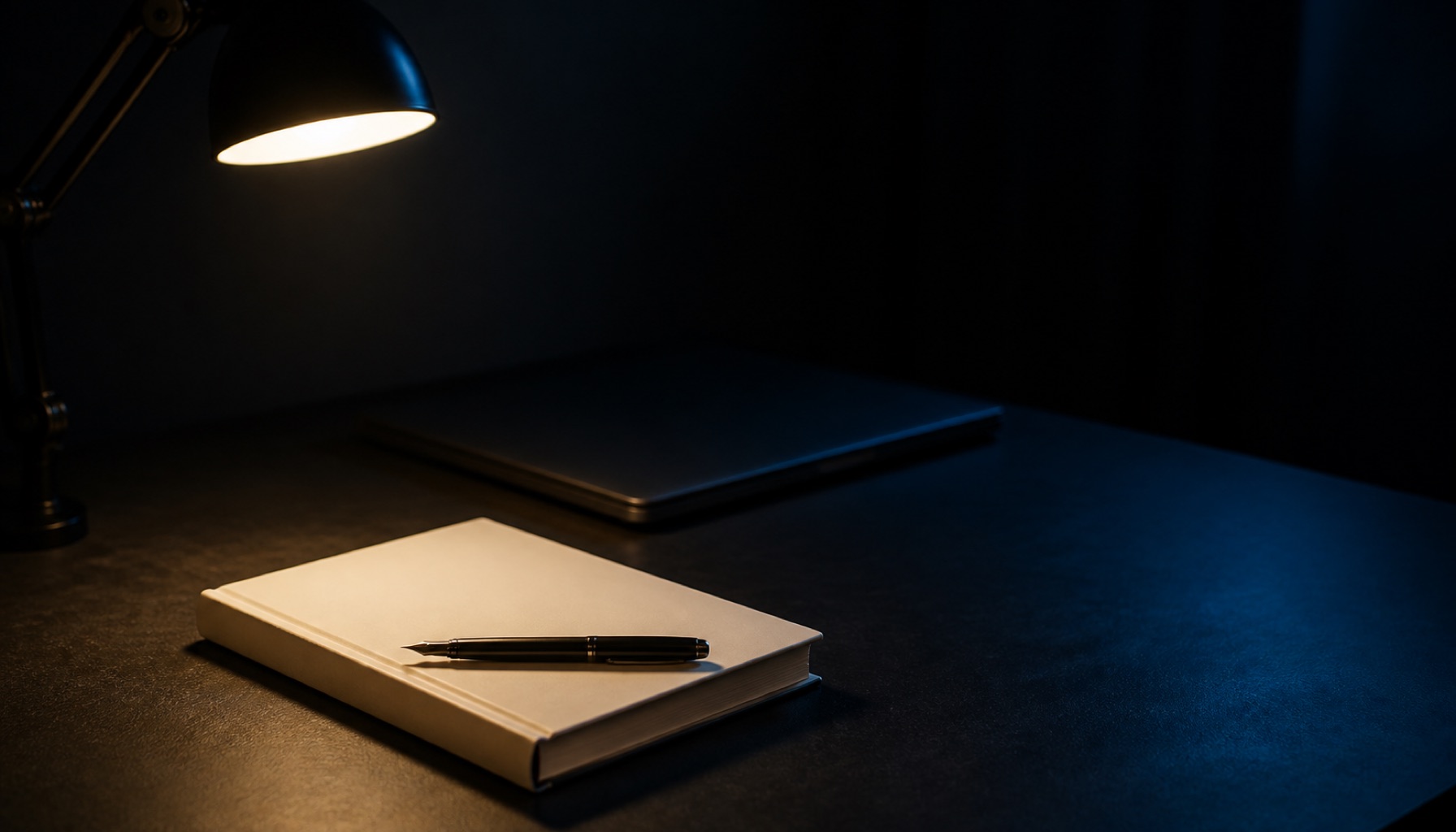A closed cream notebook with a fountain pen resting on it, on a dark desk under a warm lamp, a closed laptop in shadow behind